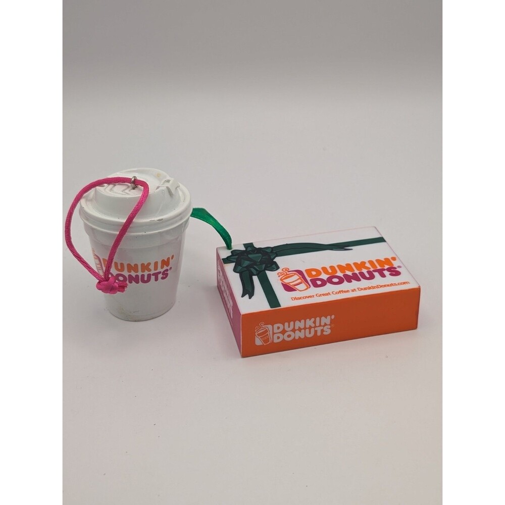 Vintage 2001 Dunkin Donuts Coffee Cup & Donut Box Christmas Ornaments Set 2